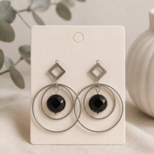 Boucles d'oreilles losange et double cercle en acier inoxydable et onyx