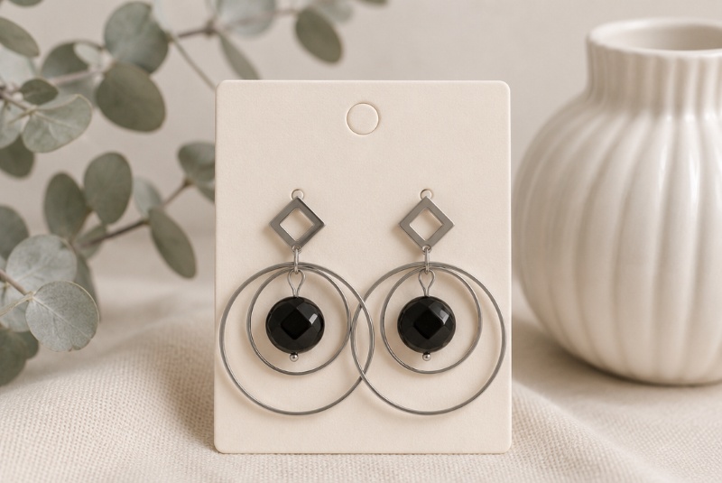 Boucles d'oreilles losange et double cercle en acier inoxydable et onyx